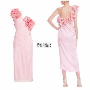 NWT - Badgley Mischka Chiffon One-Shoulder Feather Florals Cocktail Dress (16)